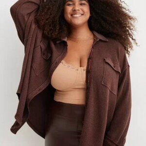 Aerie Lumberjane Waffle Button Up - M - Dark Maple